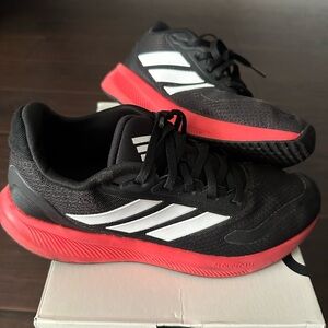 Adidas Kids Black and White Sneakers with Red Soles